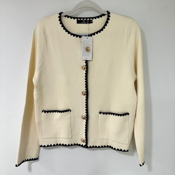 LILLUSORY Sweaters - LILLUSORY Scalloped Trim Knit Cardigan Women M Cream Gold Button Core/Old Money